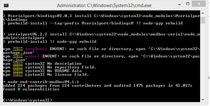 Node-RED Modbus package installed